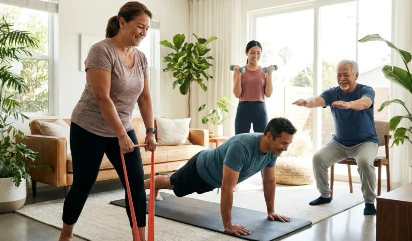 "Beginners of different ages and fitness levels doing home workouts together in a bright living room"