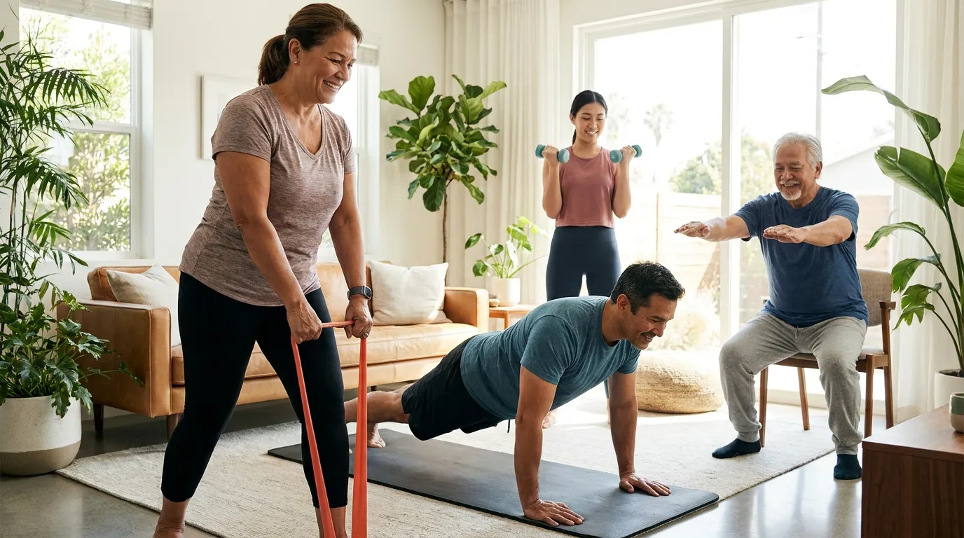"Beginners of different ages and fitness levels doing home workouts together in a bright living room"
