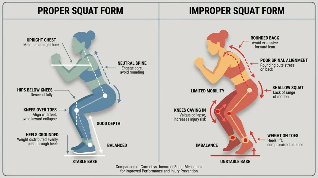 Proper squat form demonstration showing correct posture and common mistakes to avoid.