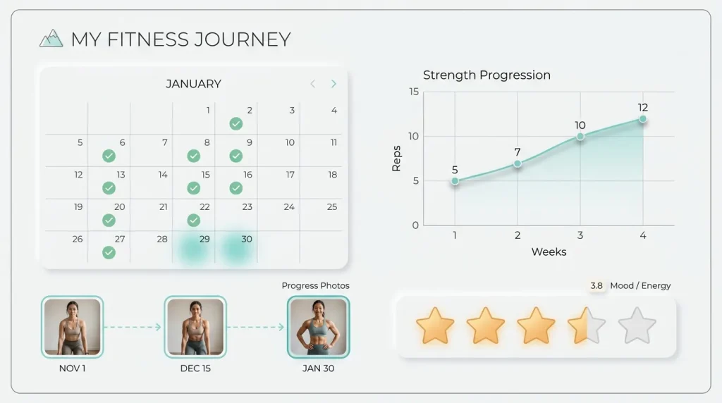 Beginner-friendly fitness progress tracker showing workout calendar, strength gains graph, and multiple progress metrics.