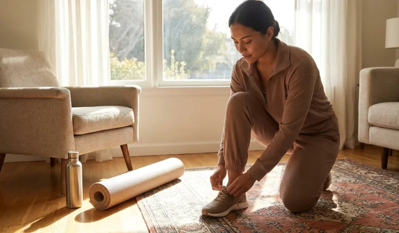 Beginner preparing for a home workout, tying shoes with calm determination in a bright living space