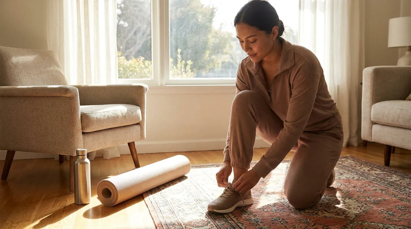 Beginner preparing for a home workout, tying shoes with calm determination in a bright living space