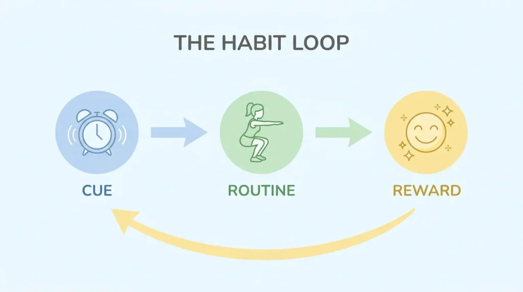Habit formation loop diagram: Cue leads to Routine leads to Reward, with simple icons