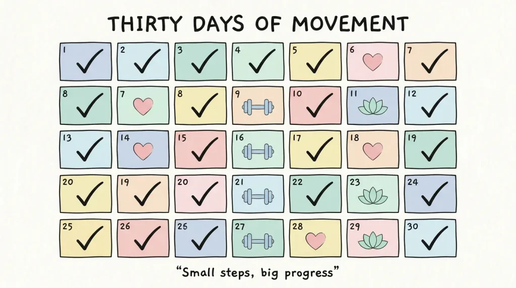 30-day habit tracker calendar with checkmarks and activity icons showing consistent workout progress