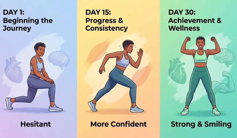 30-day fitness transformation timeline showing progressive confidence and subtle physiological changes in a beginner exerciser