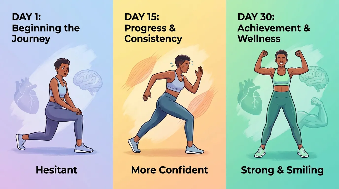 30-day fitness transformation timeline showing progressive confidence and subtle physiological changes in a beginner exerciser