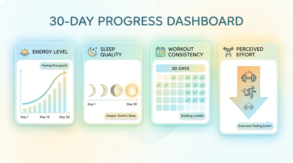 A 30-day fitness progress tracker dashboard showing improvements in energy and sleep for beginners.