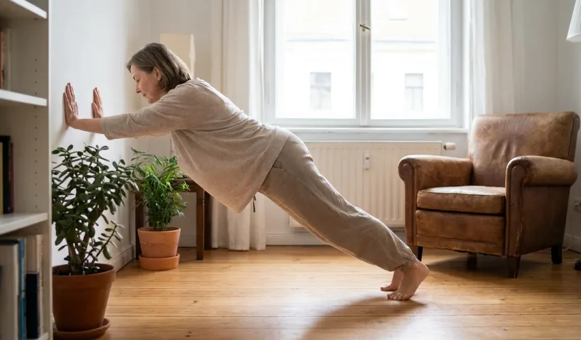 Beginner performing a modified home workout with calm focus, embracing imperfect but consistent movement