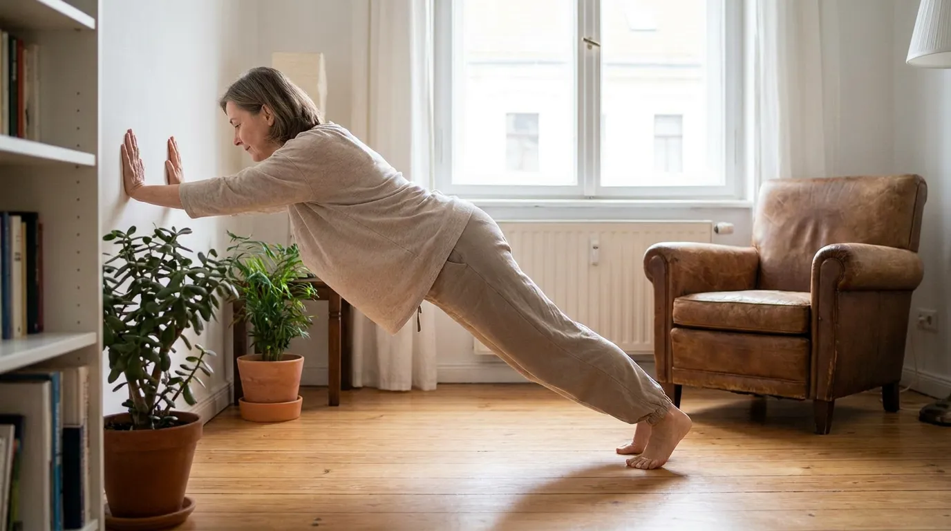 Beginner performing a modified home workout with calm focus, embracing imperfect but consistent movement