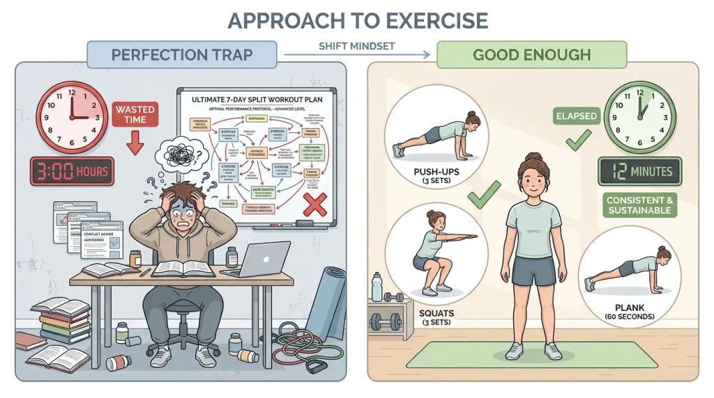 Comparison graphic: Perfection trap vs. good enough consistency in beginner workouts