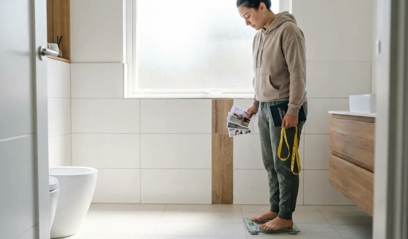 Beginner exerciser holding multiple progress tracking tools (measuring tape, journal, photos) while standing on scale, understanding scale is just one metric