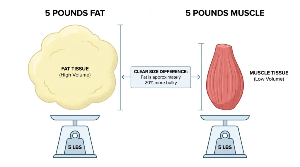 Visual comparison: 1 pound of fat takes up more volume than 1 pound of muscle, illustrating why scale weight doesn't reflect body composition changes