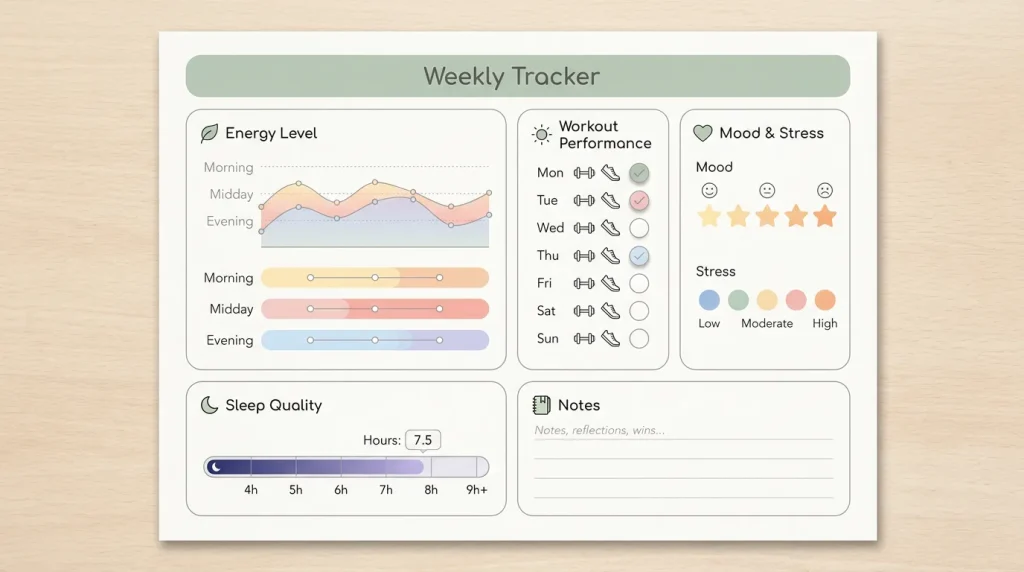 Weekly progress tracker template showing energy levels, workout performance, mood, and sleep quality metrics beyond scale weight