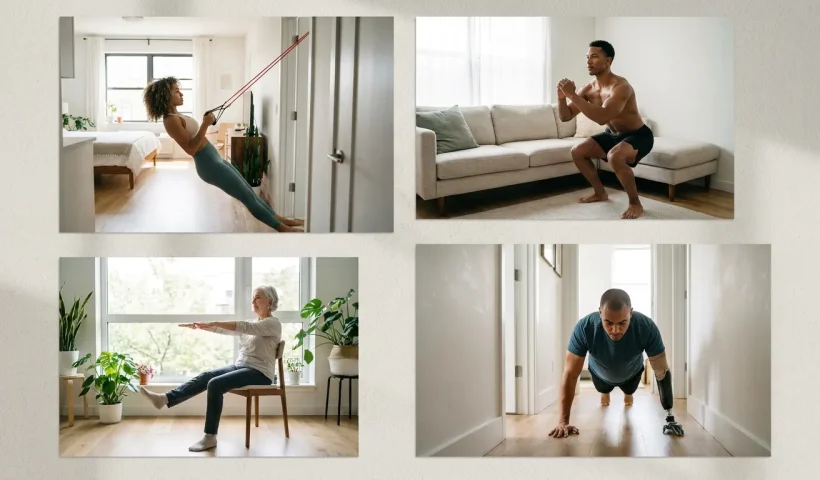 Diverse people doing effective home workouts in small spaces: apartment living room, studio, bedroom with natural lighting
