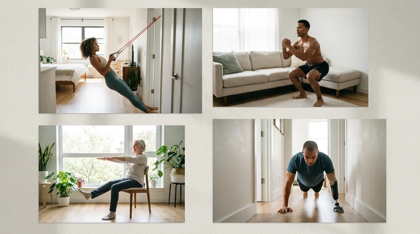 Diverse people doing effective home workouts in small spaces: apartment living room, studio, bedroom with natural lighting