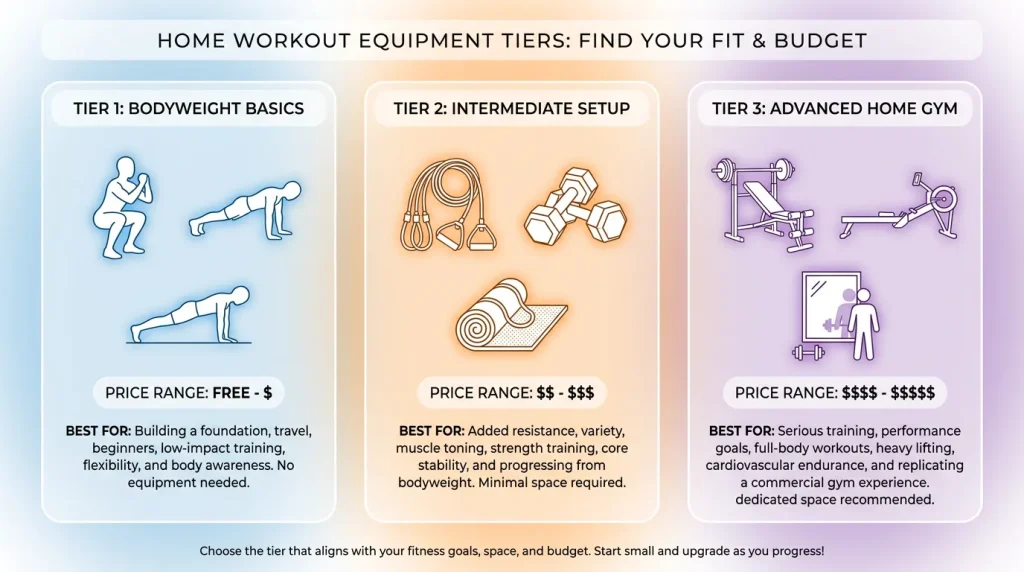 Home workout equipment tiers: bodyweight basics, affordable additions, strategic upgrades with price ranges and use cases