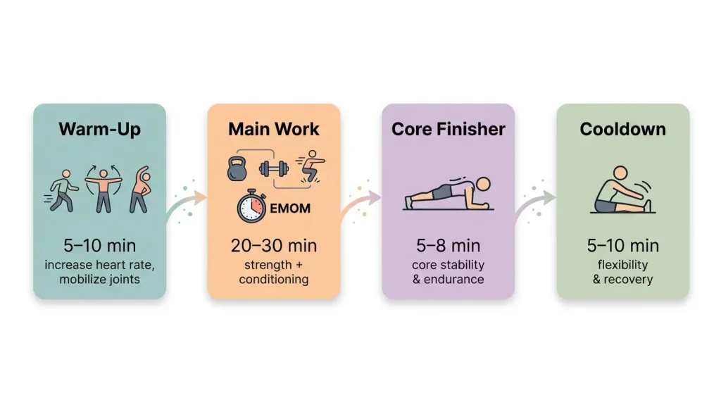 Effective home workout structure: warm-up, main work, core finisher, cooldown with time allocations and purposes