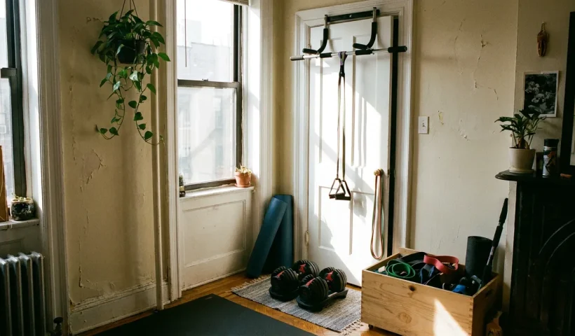 Realistic budget home gym setup under $100 featuring resistance bands, adjustable dumbbells, yoga mat, and doorway pull-up bar in a compact apartment space