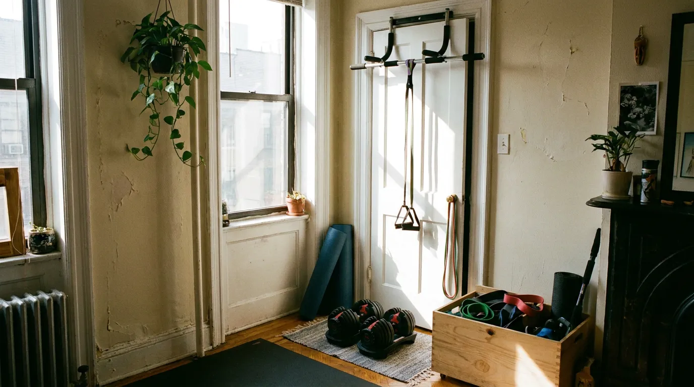 Realistic budget home gym setup under $100 featuring resistance bands, adjustable dumbbells, yoga mat, and doorway pull-up bar in a compact apartment space