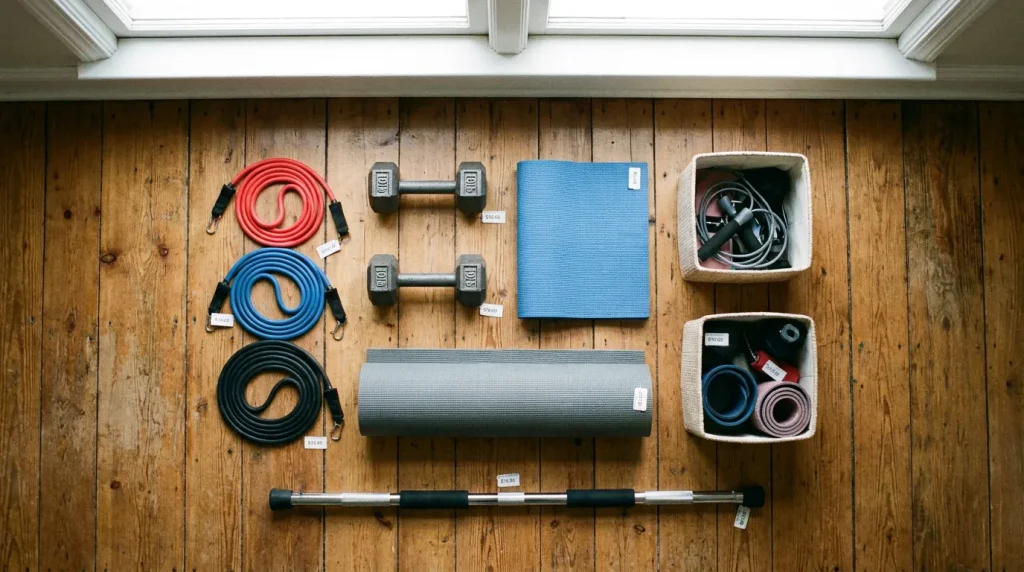Home gym for under $100: Overhead flat-lay of affordable home gym equipment: resistance bands, dumbbells, yoga mat, pull-up bar, and storage bin arranged on wooden floor