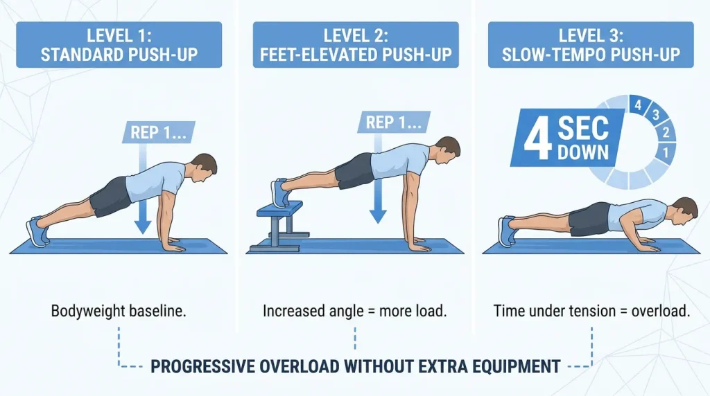 Three push-up variations demonstrating progressive overload without additional equipment: standard, elevated feet, and slow tempo