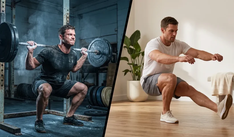 Comparison of weighted barbell squat versus unweighted single-leg pistol squat demonstrating equal muscle intensity and strength potential