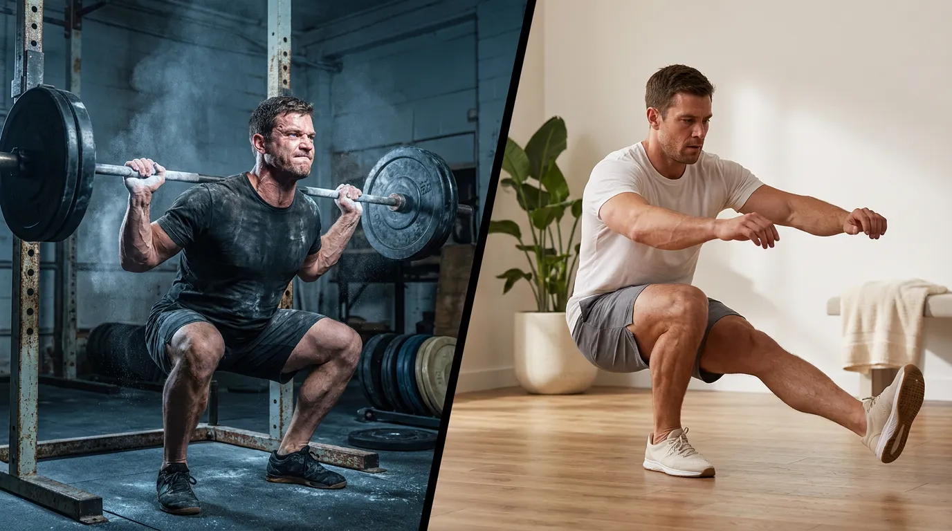 Comparison of weighted barbell squat versus unweighted single-leg pistol squat demonstrating equal muscle intensity and strength potential