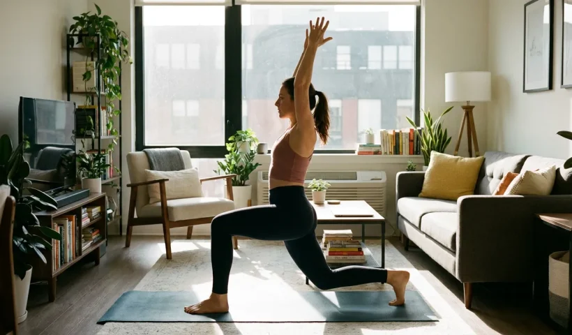 Apartment-friendly workout setup in a small living room showing low-impact movement in a clear 6x6 foot training zone