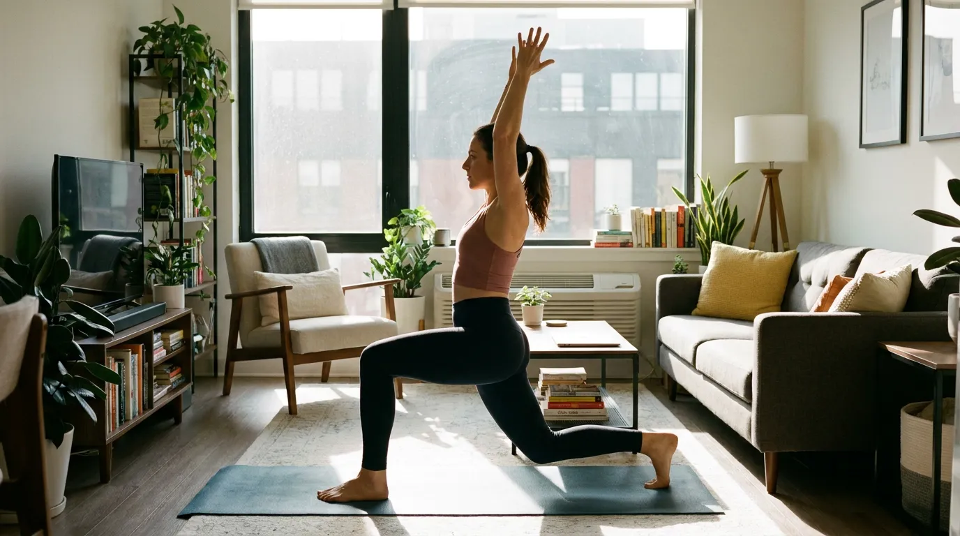 Apartment-friendly workout setup in a small living room showing low-impact movement in a clear 6x6 foot training zone