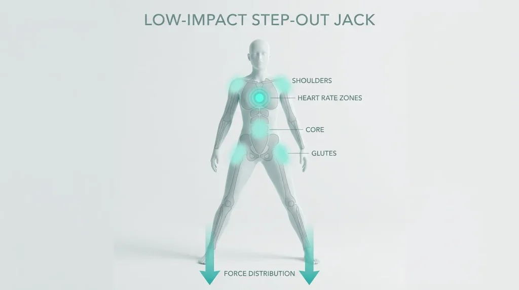 Biomechanical breakdown of low-impact step-out jack showing cardiovascular demand, muscle activation, and ground force distribution without jumping