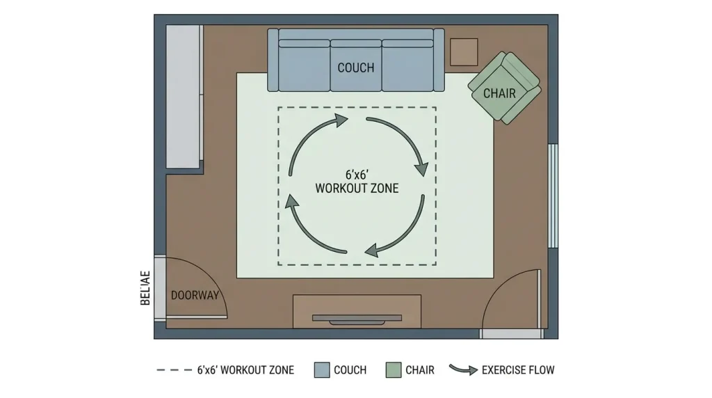 Floor plan diagram showing optimized 6x6 foot workout zone in small apartment with furniture placement and movement flow for apartment-friendly workouts