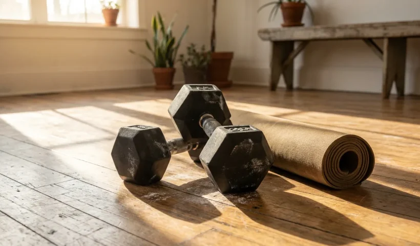 Pair of hexagonal rubber dumbbells on wooden floor beside yoga mat, representing versatile home strength training equipment