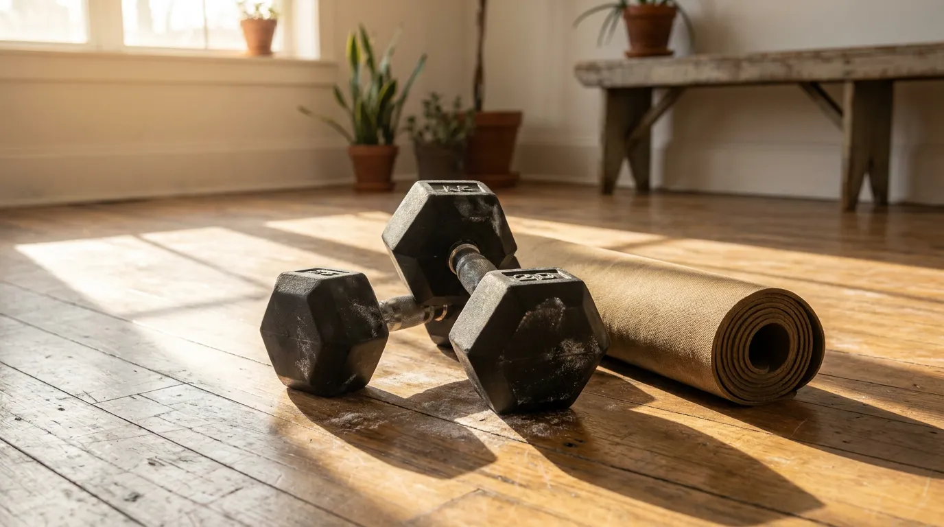 Pair of hexagonal rubber dumbbells on wooden floor beside yoga mat, representing versatile home strength training equipment