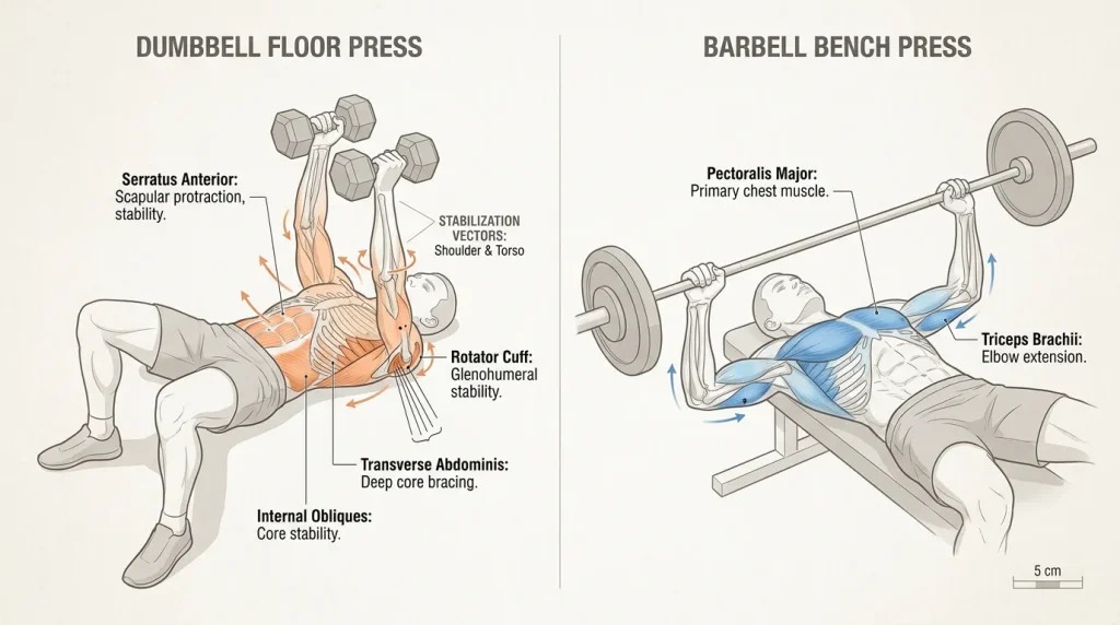 Comparative muscle activation map: dumbbell floor press vs barbell bench press showing increased stabilizer recruitment and core engagement