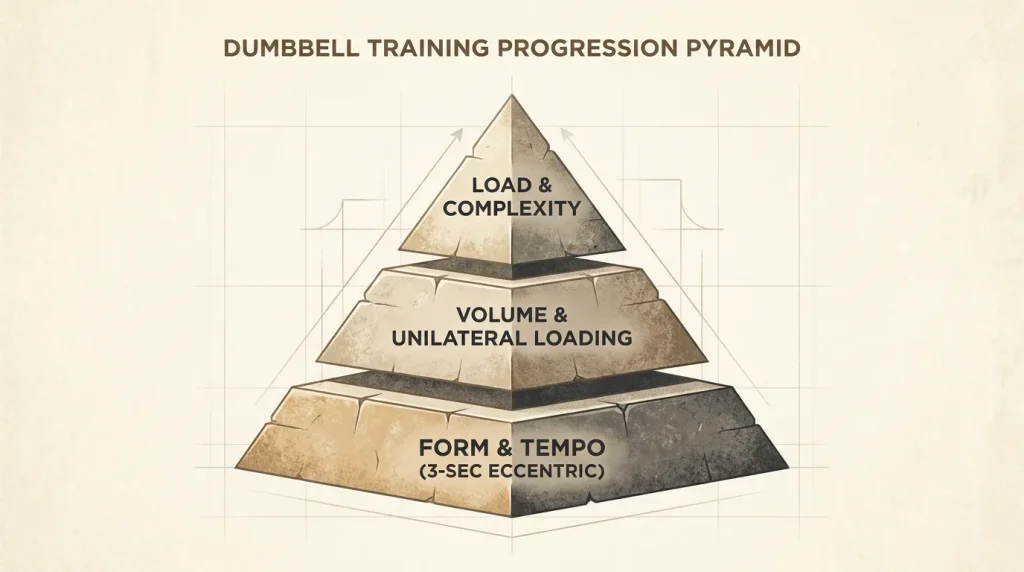 Dumbbell training progression pyramid: foundational form and tempo, intermediate volume and unilateral work, advanced load and complex movements