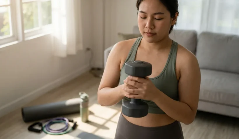 Beginner practicing goblet squat position with dumbbell in a calm home training environment, demonstrating proper posture and controlled breathing
