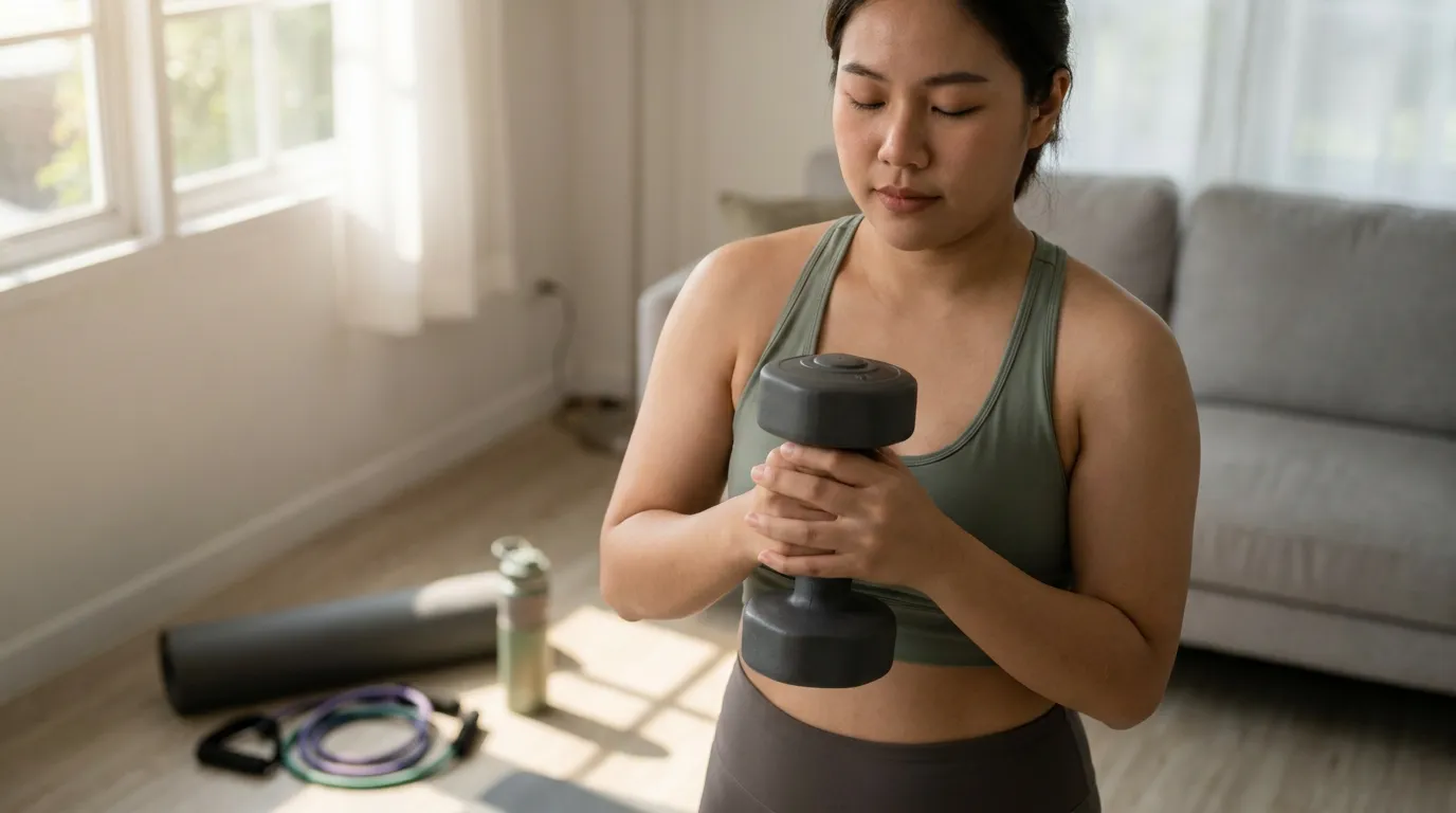 Beginner practicing goblet squat position with dumbbell in a calm home training environment, demonstrating proper posture and controlled breathing