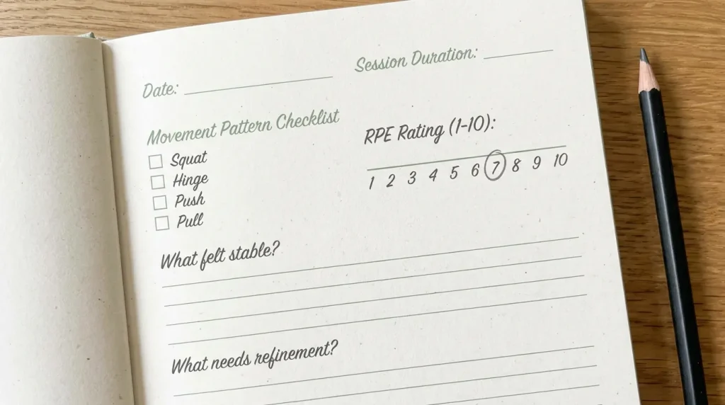 Minimalist strength training session tracker showing movement patterns, effort rating scale, and reflection prompts for progressive overload