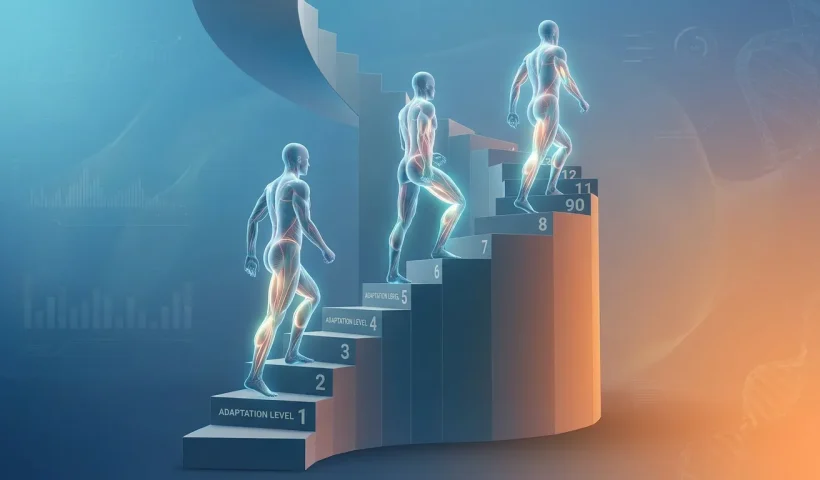 Conceptual illustration of the Staircase of Adaptation, showing gradual increases in training demand leading to muscle growth and strength gains