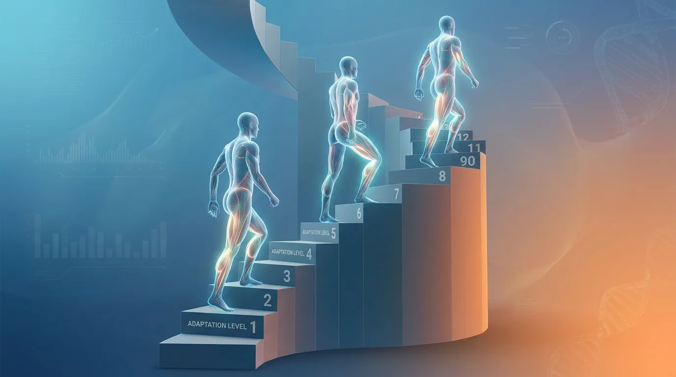 Conceptual illustration of the Staircase of Adaptation, showing gradual increases in training demand leading to muscle growth and strength gains