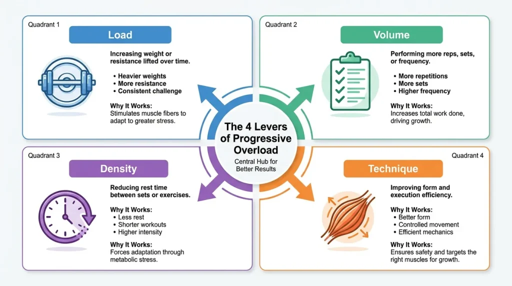 Infographic showing the 4 levers of progressive overload: Load, Volume, Density, and Technique, illustrating different ways to increase training stimulus