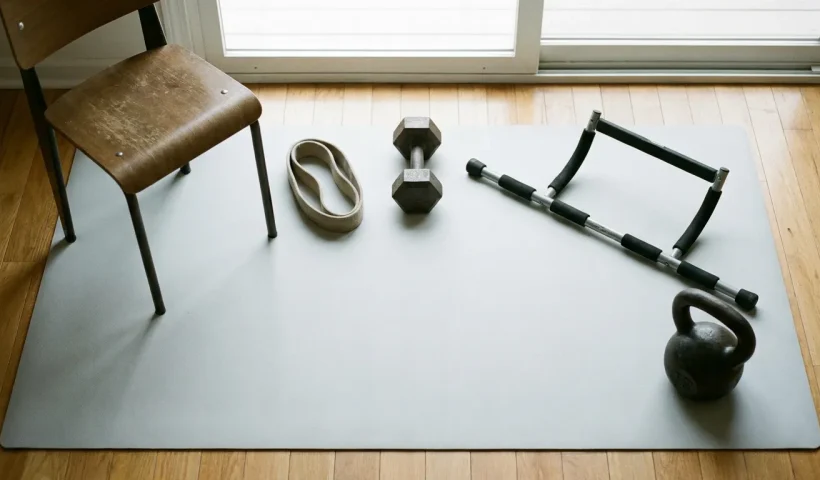 Minimalist arrangement of beginner fitness tools representing the five foundational movement patterns for strength training