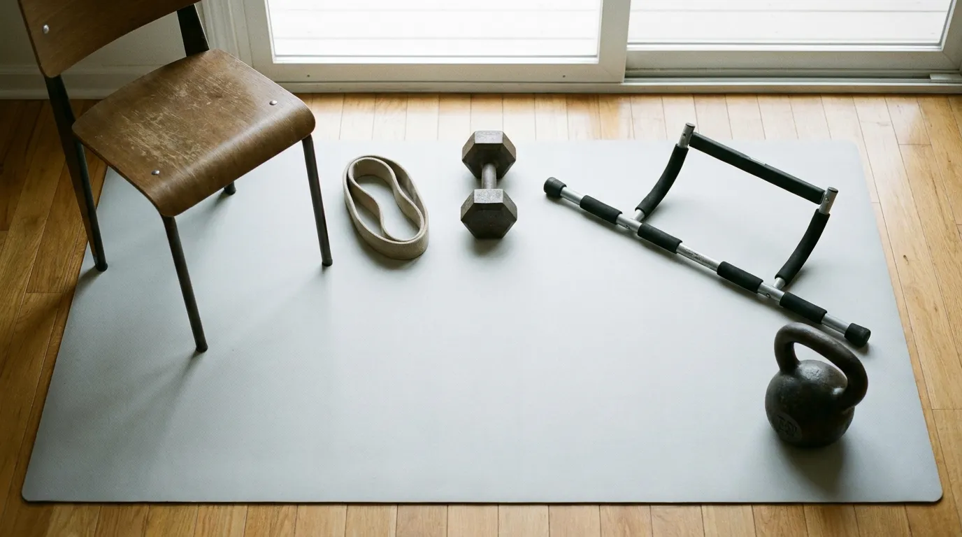 Minimalist arrangement of beginner fitness tools representing the five foundational movement patterns for strength training
