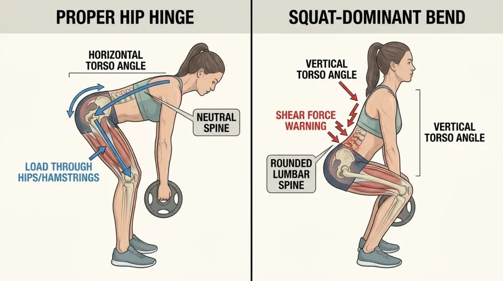 Comparison of proper hip hinge mechanics versus squat-dominant bending pattern, highlighting spinal alignment and load distribution through the posterior chain