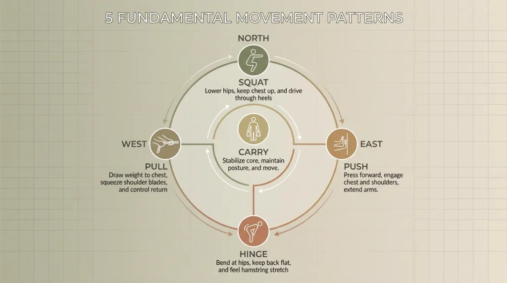 Circular movement pattern diagram mapping squat, push, hinge, pull, and carry exercises with key coaching cues for beginner strength training