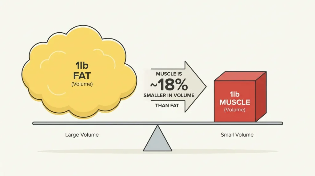 Infographic comparing the volume of 1 pound of fat versus 1 pound of muscle, illustrating why muscle gain leads to a leaner appearance