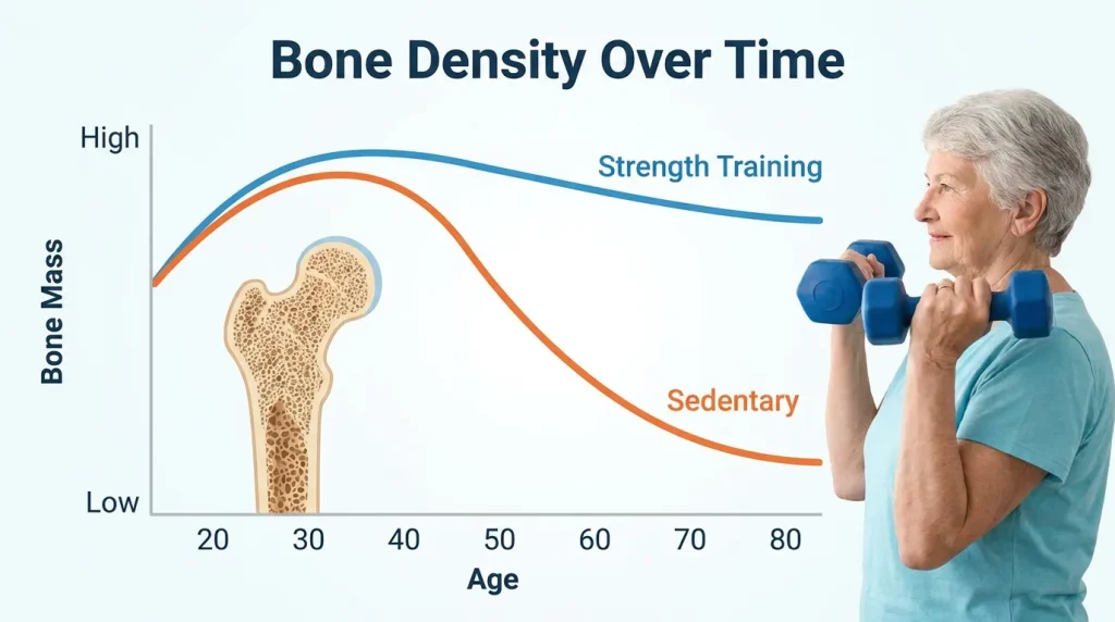 Graph showing the impact of strength training on maintaining bone density in women as they age, compared to a sedentary lifestyle