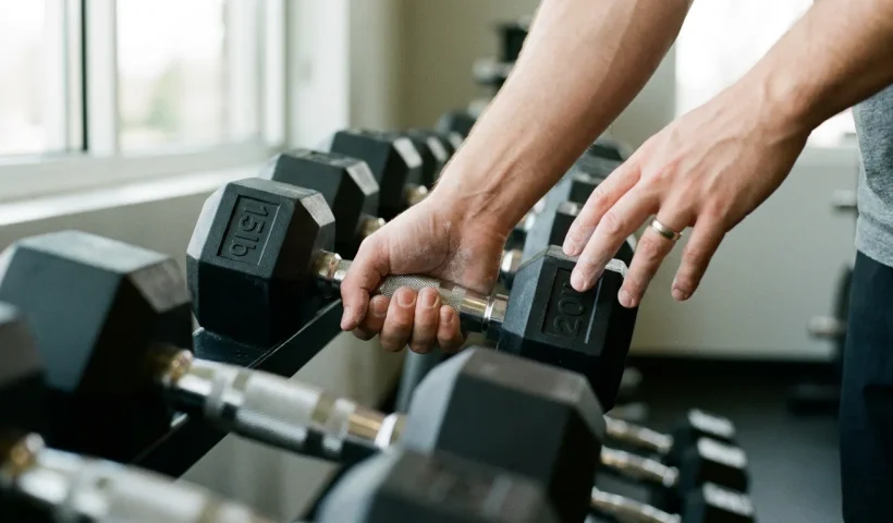 Beginner selecting a dumbbell from a rack, illustrating the practical process of finding the right starting weight for strength training