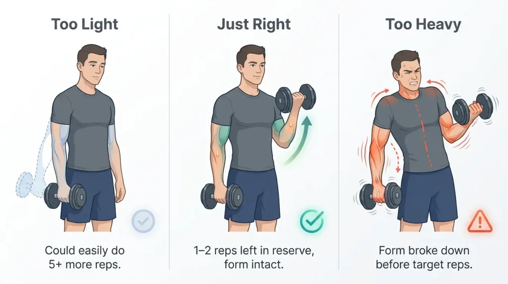 Visual guide to weight selection showing three scenarios: too light, too heavy, and optimal load with 1-2 reps in reserve