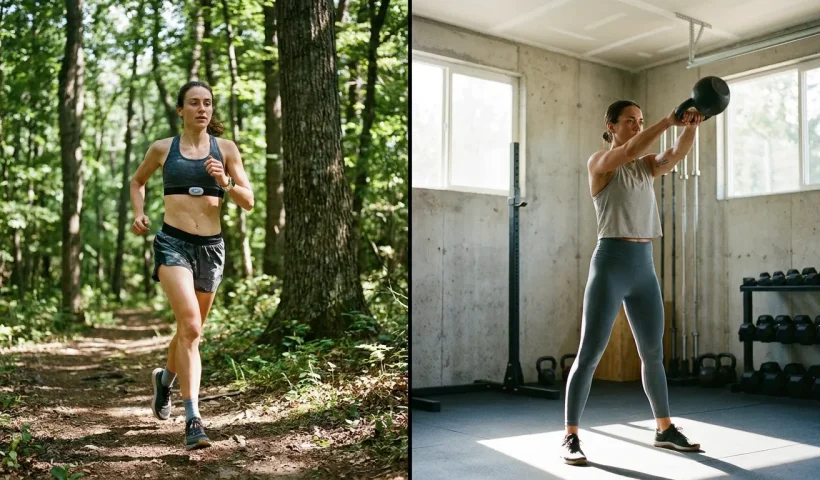 Side-by-side HIIT vs. Steady-State Cardio comparison fir trail running and high-intensity kettlebell intervals, illustrating the two primary cardio modalities for fat loss